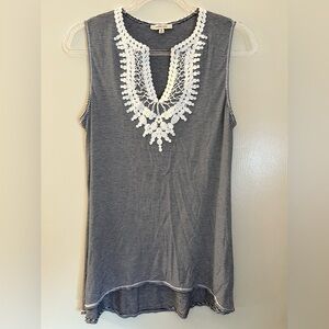 Max Studio Navy & White Striped Crochet-Trim Tank
